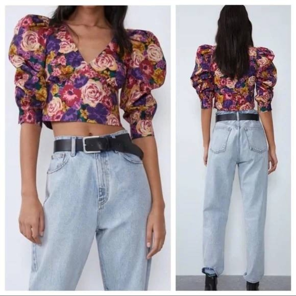 Zara Floral Poplin Crop Top M Pink Purple Puff Sleeve Boho Romantic Maximalist
